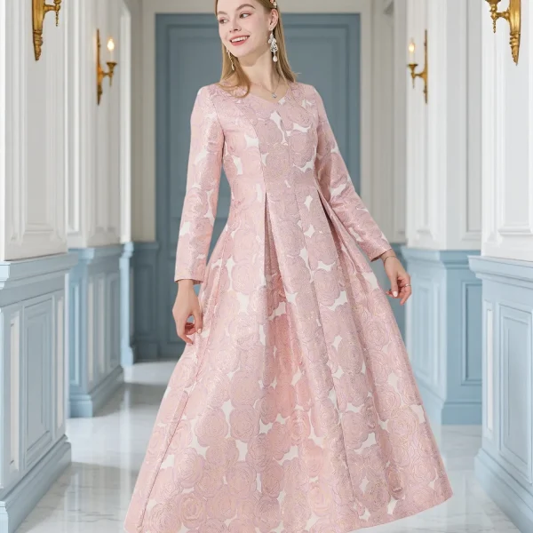 Women's French V-Neck Long-Sleeve Jacquard Dress