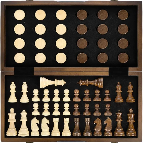 Magnetic Wooden Chess & Checkers Set – 15-Inch Folding 2-in-1 Board Game