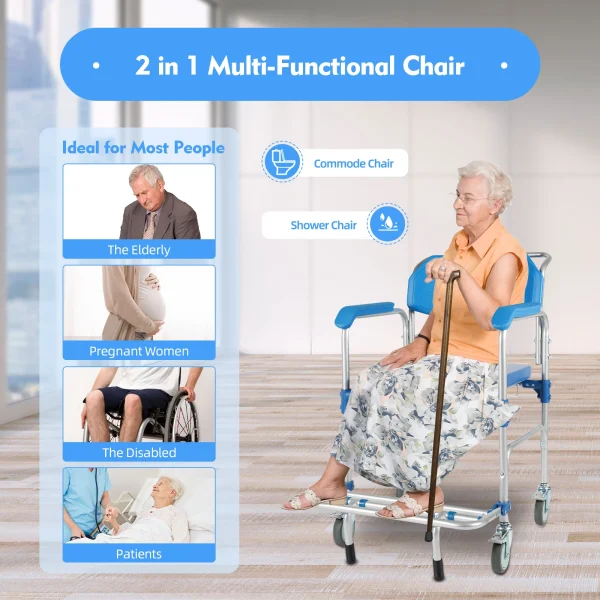 Rolling Commode Shower Chair – 2-in-1 Toilet and Bathing Chair for Seniors