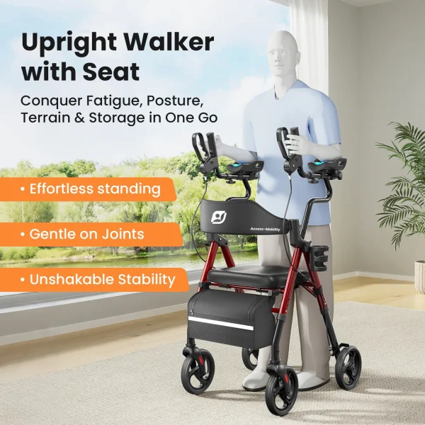 Upright Walker, Stand Up Rollator Walker with Padded Seat and Backrest, Walkers for Seniors,Foldable Walker with Seat